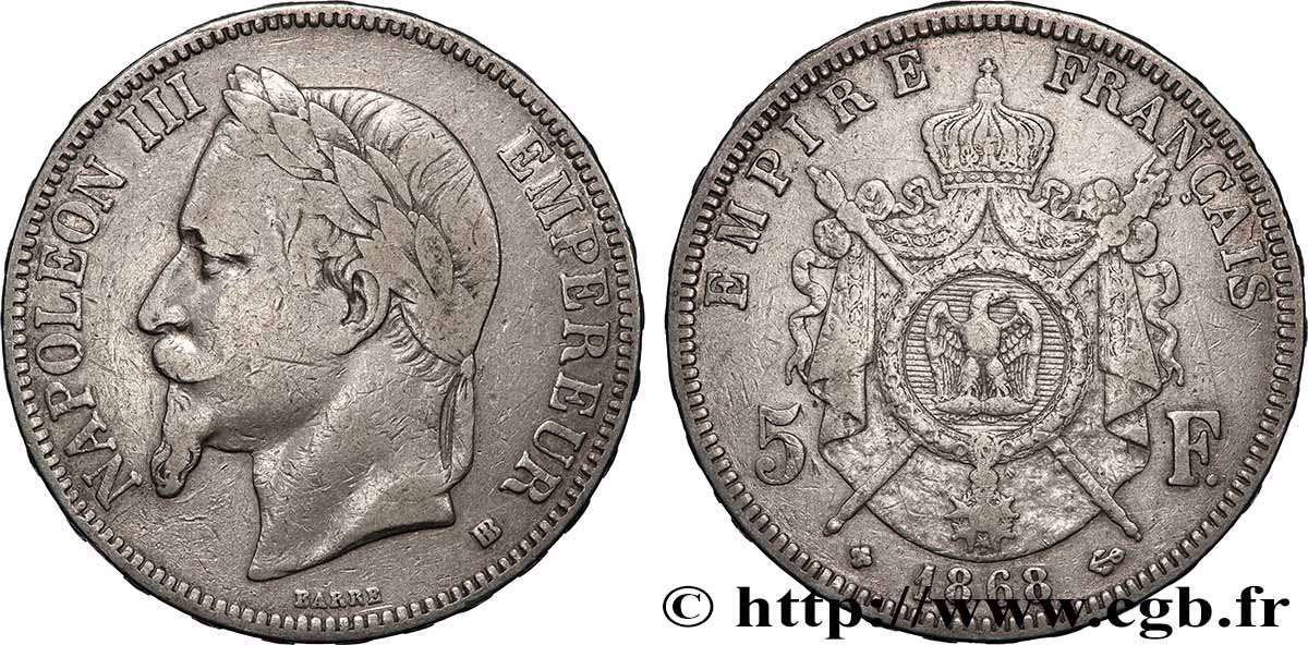 5 francs Napoléon III, tête laurée 1868 Strasbourg F.331/13 TB