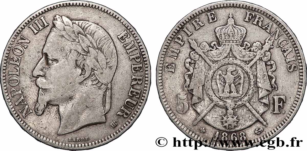5 francs Napoléon III, tête laurée 1868 Strasbourg F.331/13 TB