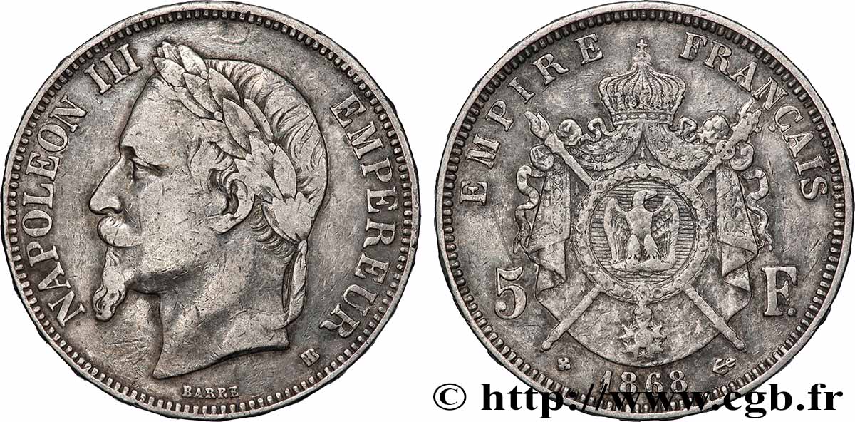 5 francs Napoléon III, tête laurée 1868 Strasbourg F.331/13 TB