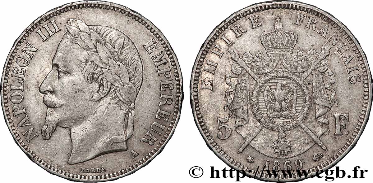 5 francs Napoléon III, tête laurée 1869 Paris F.331/14 TB+