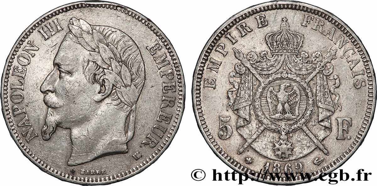 5 francs Napoléon III, tête laurée 1869 Strasbourg F.331/15 TB+