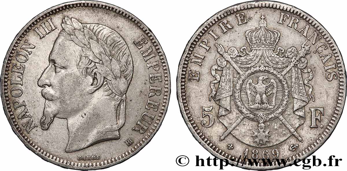 5 francs Napoléon III, tête laurée 1869 Strasbourg F.331/15 TB+