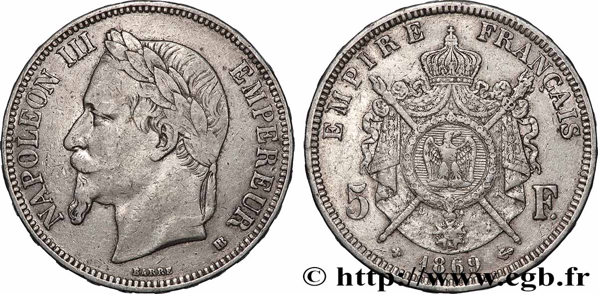 5 francs Napoléon III, tête laurée 1869 Strasbourg F.331/15 TB+