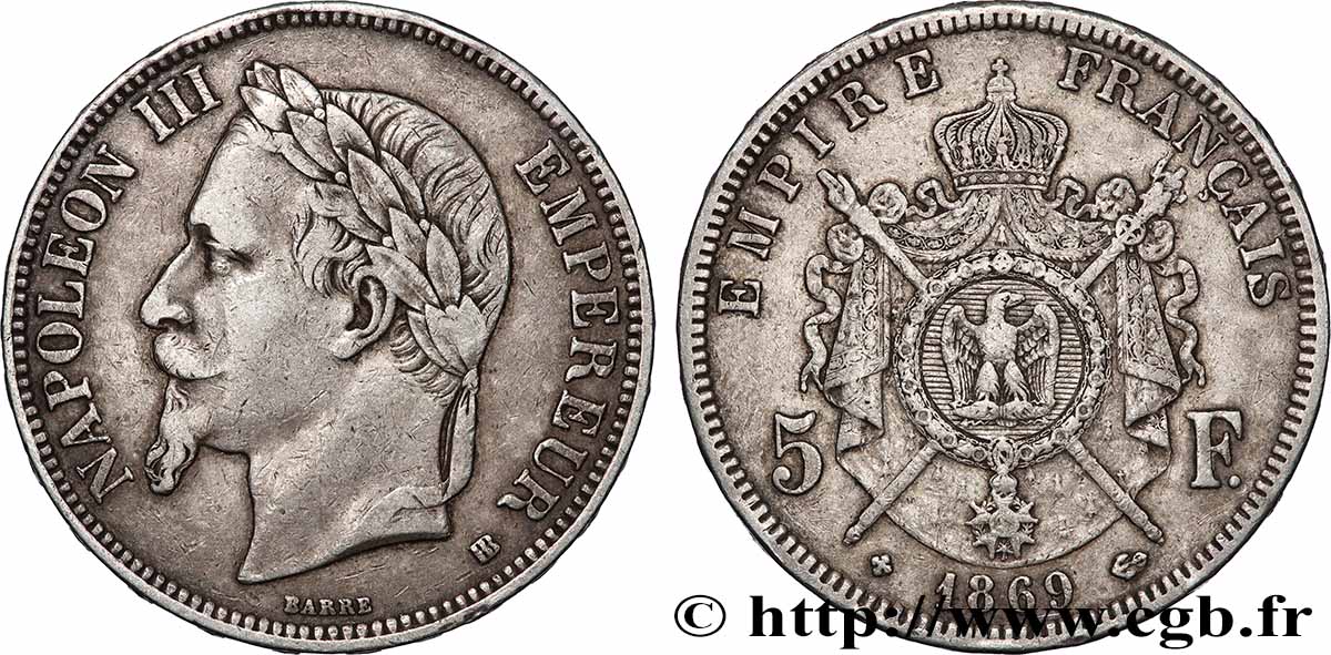 5 francs Napoléon III, tête laurée 1869 Strasbourg F.331/15 TB+