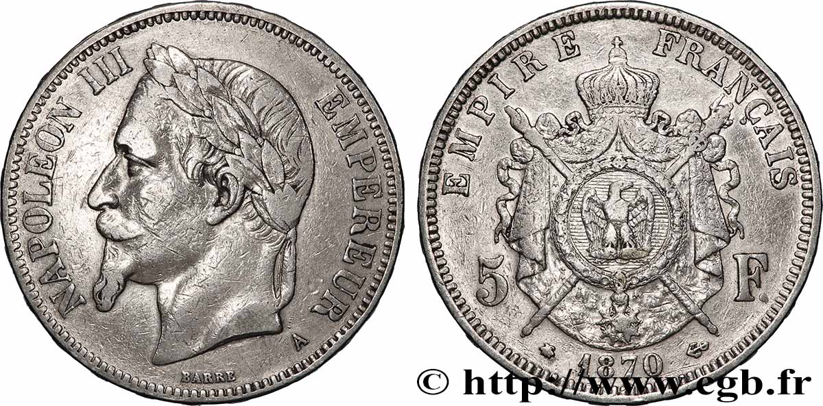 5 francs Napoléon III, tête laurée 1870 Paris F.331/16 TB