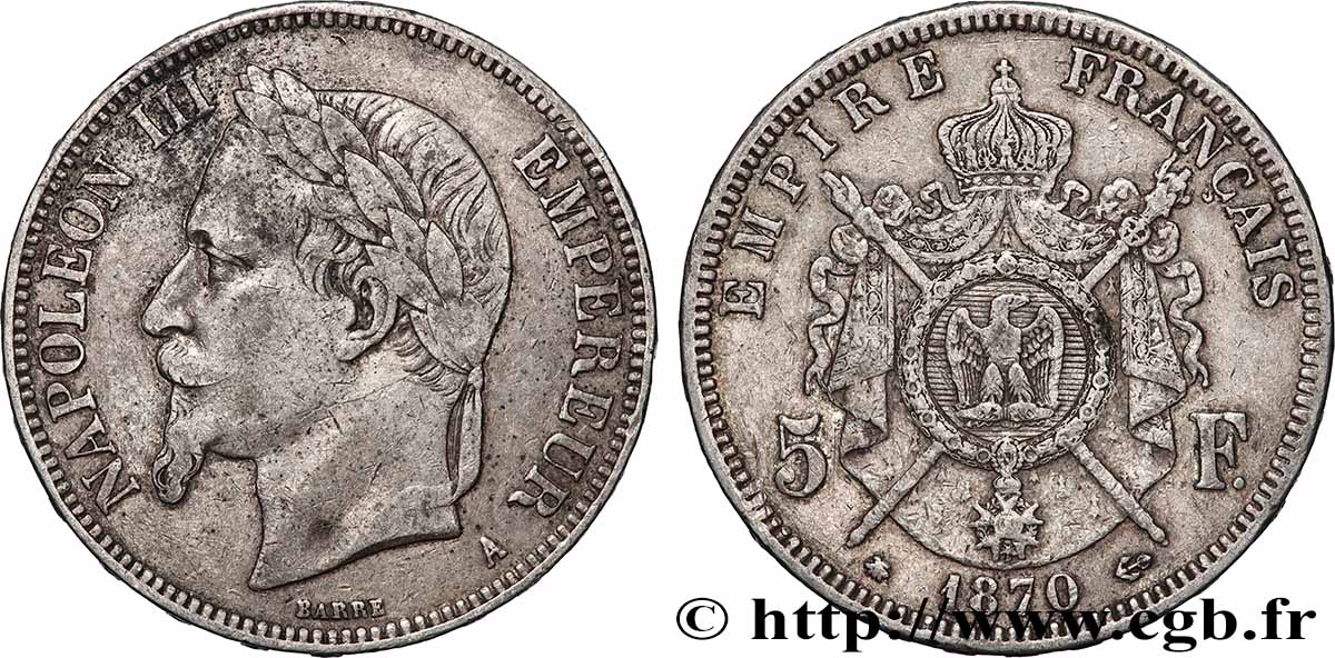 5 francs Napoléon III, tête laurée 1870 Paris F.331/16 TB+