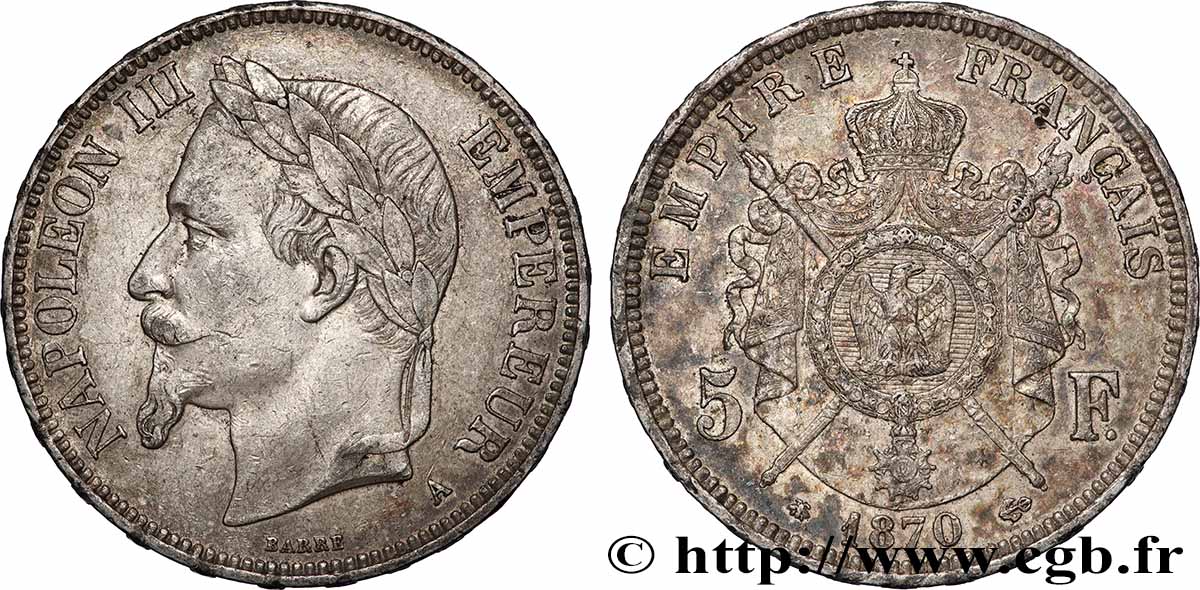 5 francs Napoléon III, tête laurée 1870 Paris F.331/16 TTB