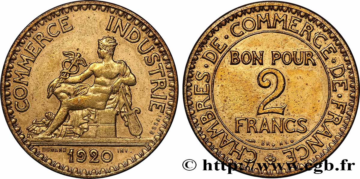 Essai-piéfort de 2 francs Chambres de commerce bronze-aluminium 1920 Paris GEM.112 P1 VZ+
