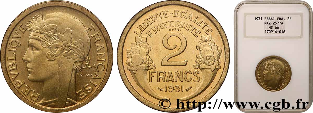 Essai-piéfort de 2 francs Morlon 1931 Paris GEM.113 EP ST66 NGC