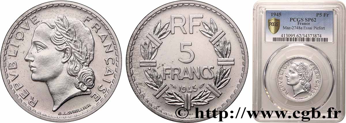 Essai-piéfort de 5 francs Lavrillier aluminium 1945 GEM.145 EP VZ62 PCGS