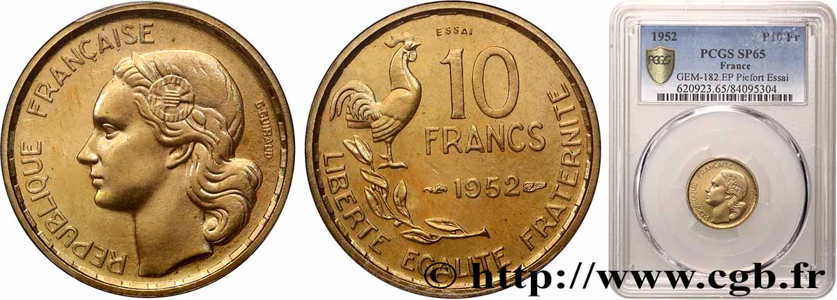 Essai-piéfort au double de 10 francs Guiraud 1952 Paris GEM.182 EP ST65 PCGS