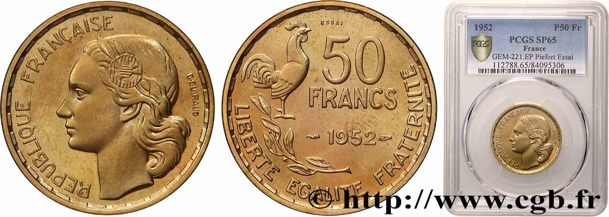 Essai-piéfort au double de 50 francs Guiraud 1952 Paris GEM.221 EP1 ST65 PCGS