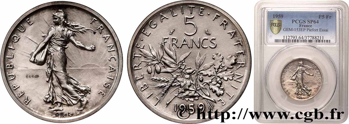 Essai-piéfort de 5 francs Semeuse, argent, grand 5 1959 Paris GEM.153 EP SPL64 PCGS