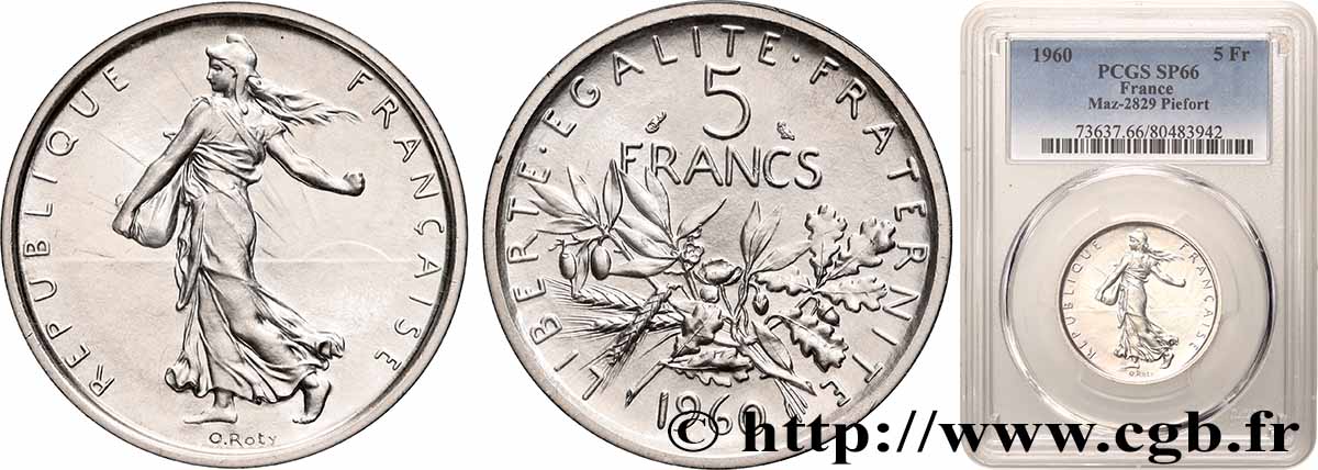 Piéfort Argent de 5 francs Semeuse 1960 Paris GEM.153 P1 ST66 PCGS
