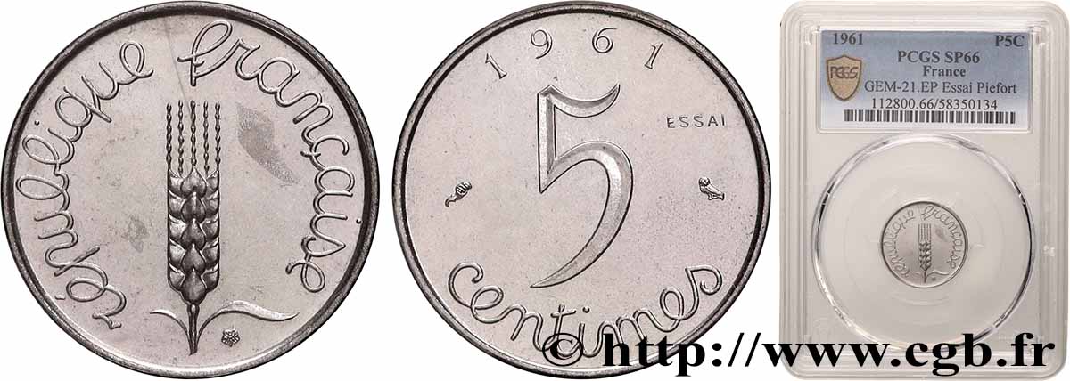 Essai-piéfort acier de 5 centimes Épi 1961 Paris GEM.21 EP ST66 PCGS