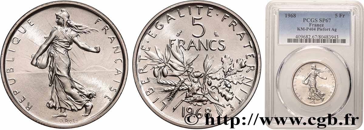 Piéfort Argent de 5 francs Semeuse 1968 Paris GEM.153 P3 FDC67 PCGS