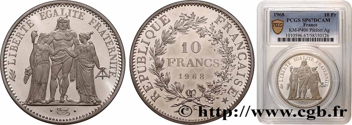 Piéfort Argent de 10 francs Hercule 1968 Paris GEM.183 P1 MS67 PCGS