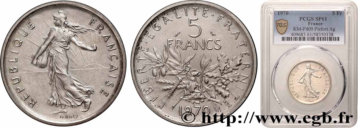 Piéfort Argent de 5 francs Semeuse 1970 Paris GEM.154 P2 MS61 PCGS