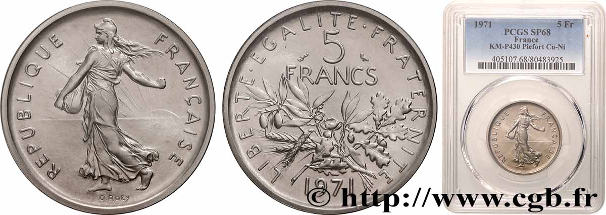 Piéfort Cu-Ni de 5 francs Semeuse 1971 Paris GEM.154 P1 ST68 PCGS