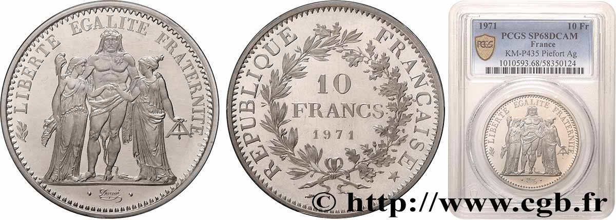 Piéfort argent de 10 francs Hercule 1971 Paris GEM.183 P1 ST68 PCGS