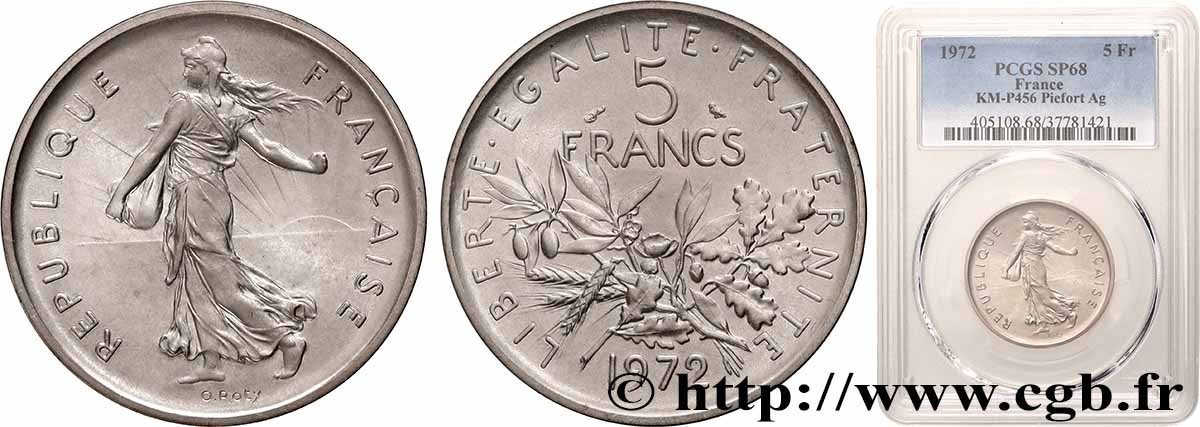 Piéfort Argent de 5 francs Semeuse 1972 Paris GEM.154 P2 ST68 PCGS