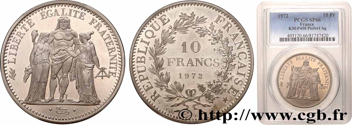 Piéfort Argent de 10 francs Hercule 1972 GEM.183 P1 ST66 PCGS