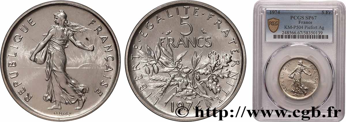 Piéfort Argent de 5 francs Semeuse 1974 Pessac GEM.154 P2 FDC67 PCGS