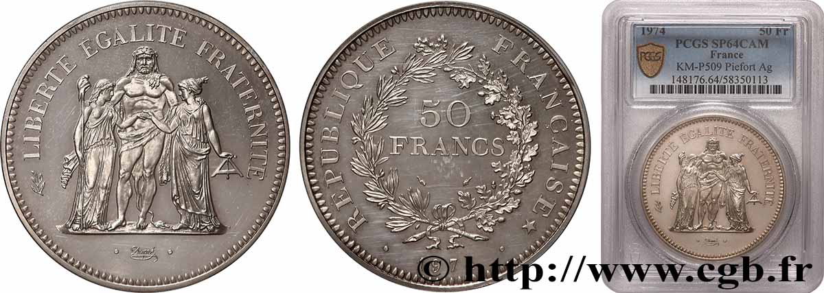 Piéfort Argent de 50 francs Hercule 1974 Pessac GEM.223 P1 MS64 PCGS