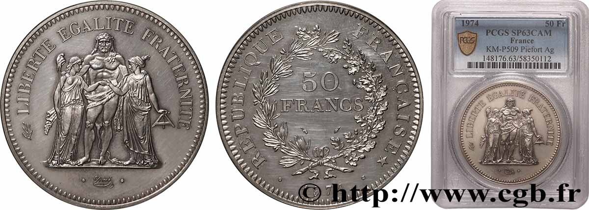 Piéfort Argent de 50 francs Hercule 1974 Pessac GEM.223 P1 fST63 PCGS
