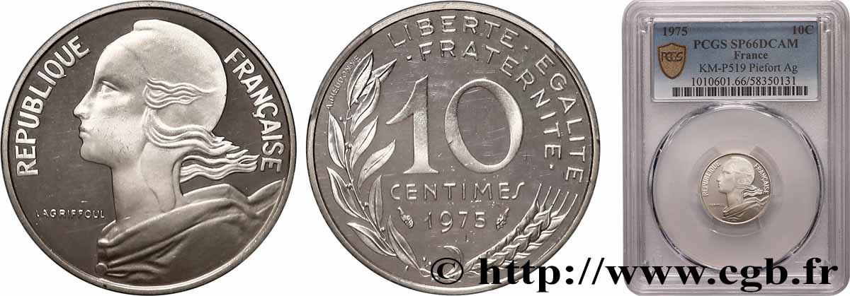 Piéfort argent de 10 centimes Marianne 1975 Pessac GEM.46 P2 FDC66 PCGS