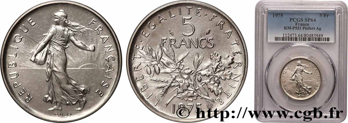 Piéfort Argent de 5 francs Semeuse 1975 Pessac GEM.154 P2 fST64 PCGS