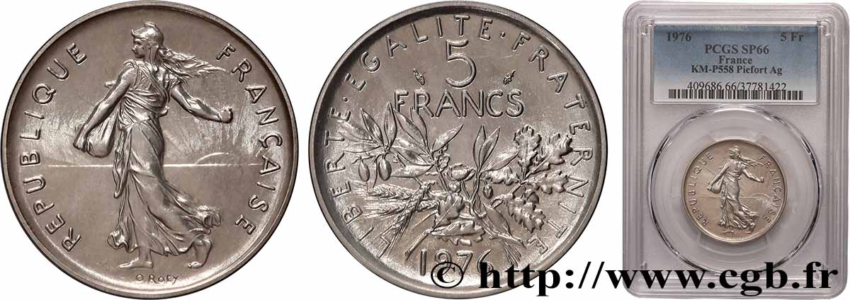 Piéfort Argent de 5 francs Semeuse 1976 Pessac GEM.154 P2 ST66 PCGS