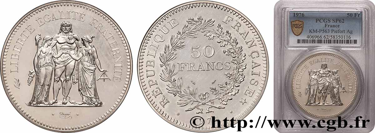 Piéfort Argent de 50 francs Hercule 1976 GEM.223 P1 MS62 PCGS