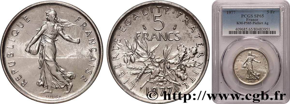 Piéfort argent de 5 francs Semeuse 1977 Pessac GEM.154 P2 ST65 PCGS