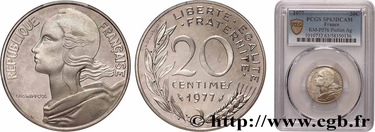 Piéfort argent de 20 centimes Marianne 1977 Pessac GEM.56 P2 fST63 PCGS