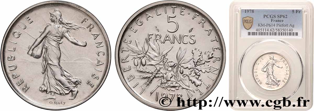 Piéfort Argent de 5 francs Semeuse 1978 Pessac GEM.154 P2 VZ62 PCGS
