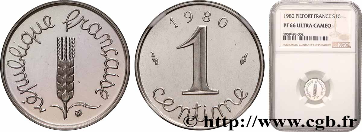Piéfort argent de 1 centime Épi 1980 Pessac GEM.4 P2 ST66 NGC