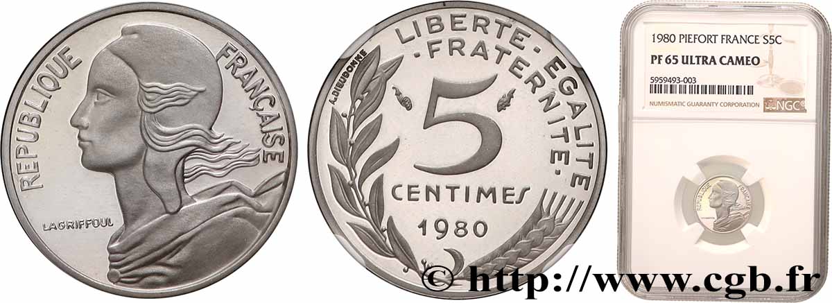 Piéfort argent de 5 centimes Marianne 1980 Paris GEM.22 P2 ST65 NGC
