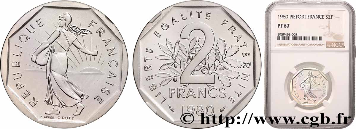 Piéfort Argent de 2 francs Semeuse 1980 Pessac GEM.123 P2 ST67 NGC
