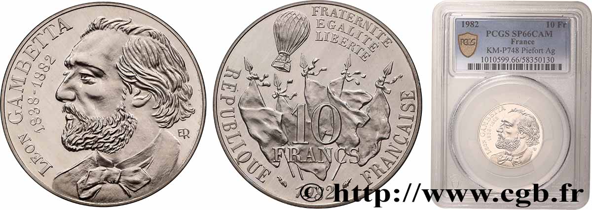 Piéfort argent de 10 francs Gambetta 1982 Paris GEM.187 P2 MS66 PCGS