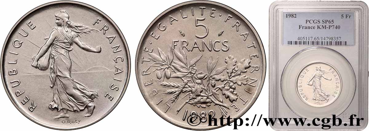 Piéfort Argent de 5 francs Semeuse 1982 Pessac F.341/14P FDC65 PCGS