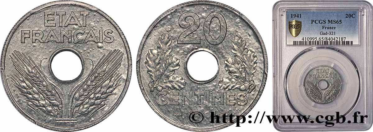 20 centimes État français, lourde 1941 F.153/2 FDC65 PCGS