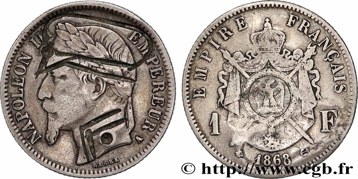 1 franc Napoléon III, tête laurée, satirique 1868 Paris F.215/10 var. VF