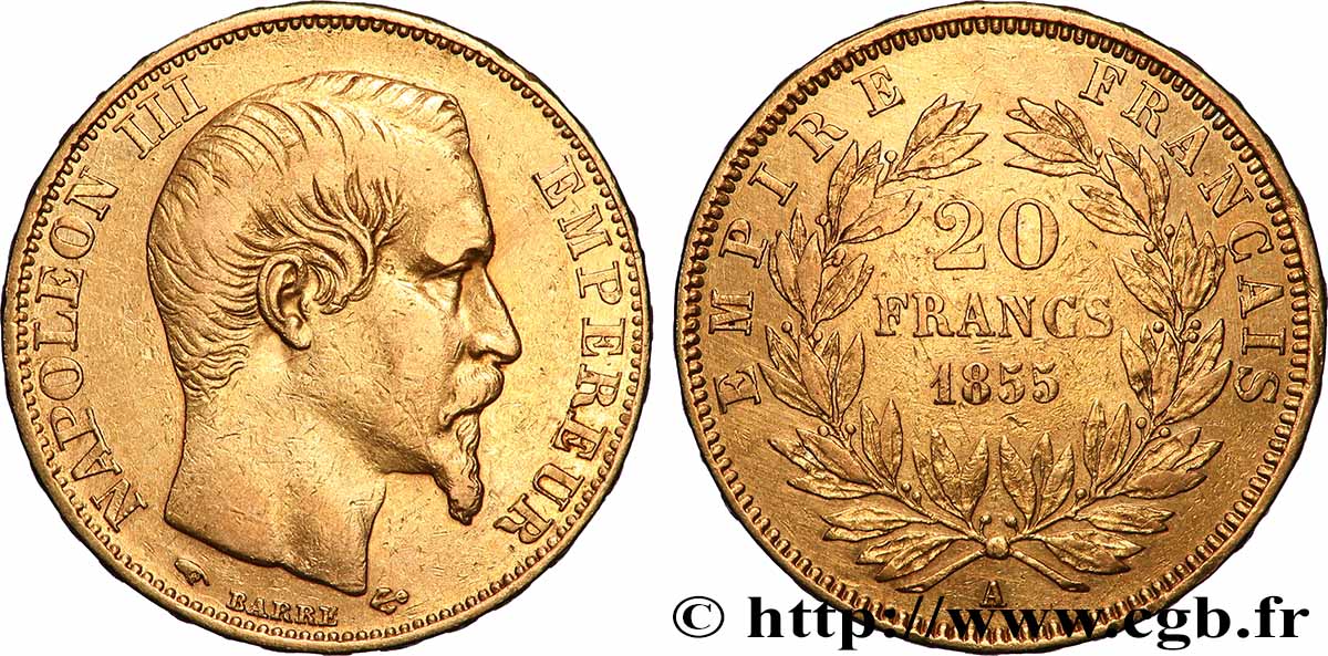 20 francs or Napoléon III, tête nue 1855 Paris F.531/4 q.BB