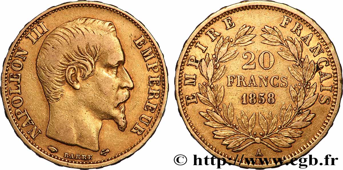 20 francs or Napoléon III, tête nue 1858 Paris F.531/13 TTB