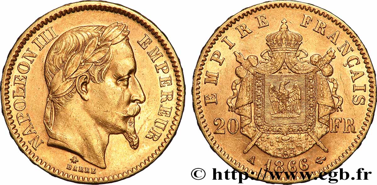 20 francs or Napoléon III, tête laurée 1866 Paris F.532/13 AU