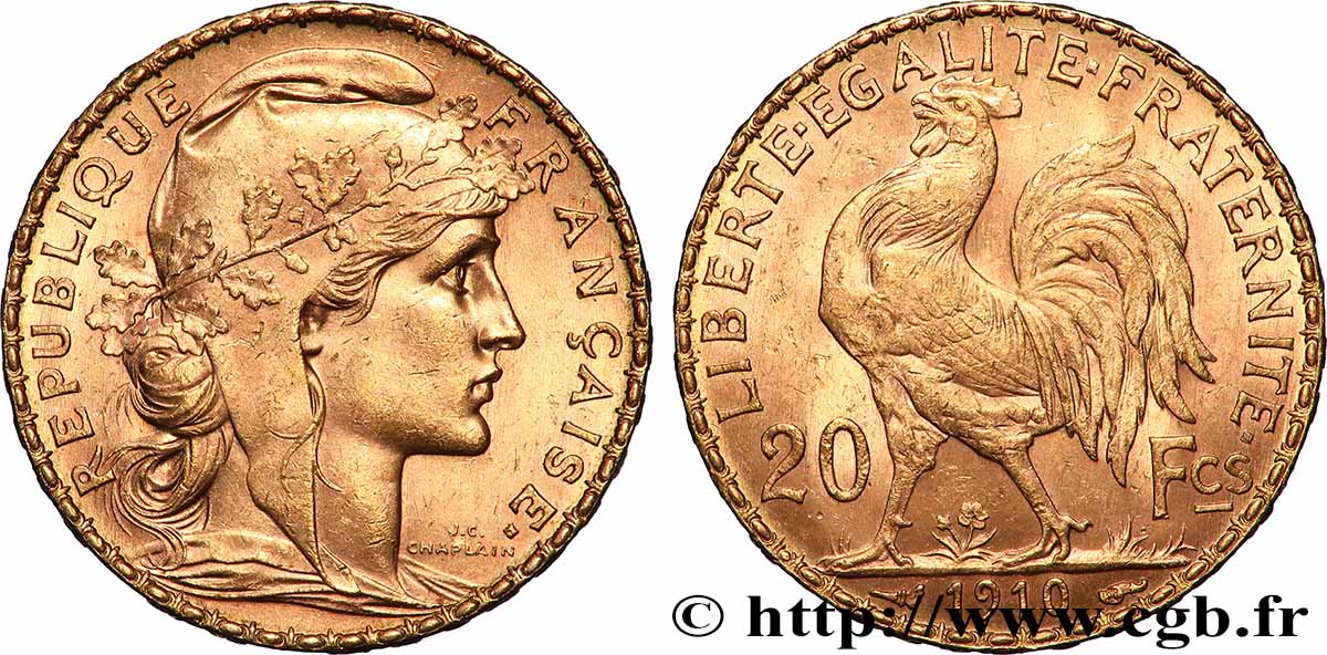 20 francs or Coq, Liberté Égalité Fraternité 1910 Paris F.535/4 TTB