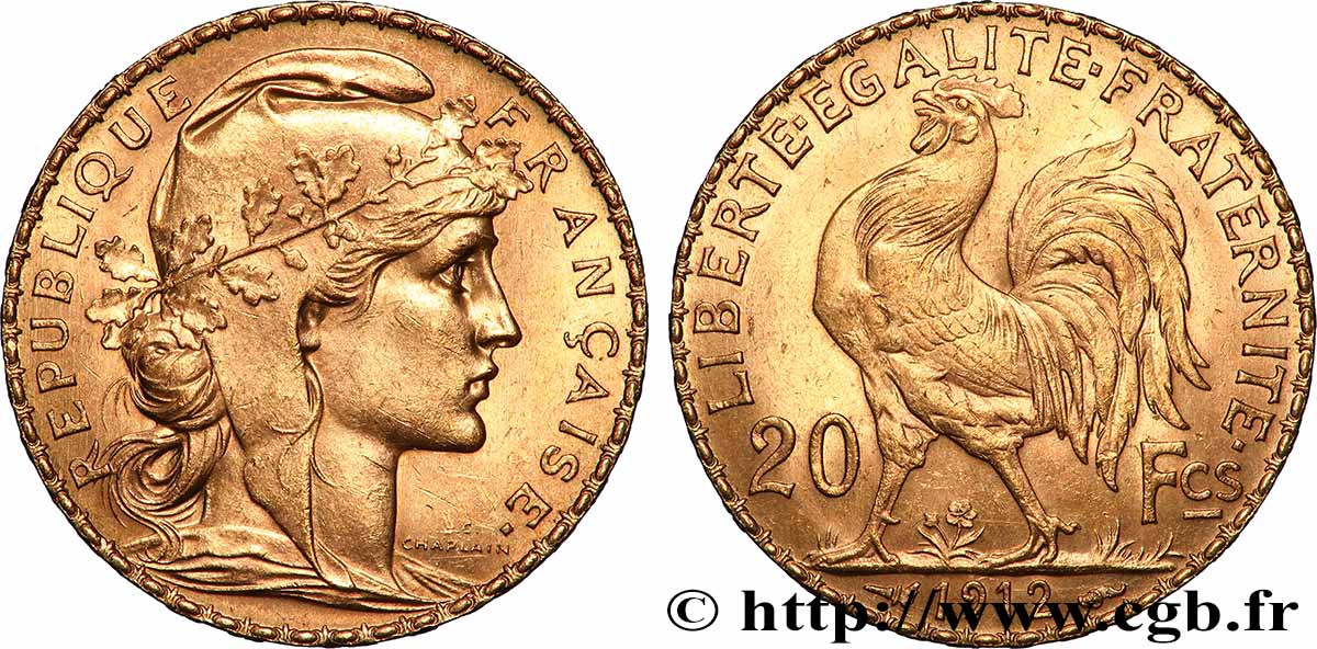 20 francs or Coq, Liberté Égalité Fraternité 1912 Paris F.535/6 SS