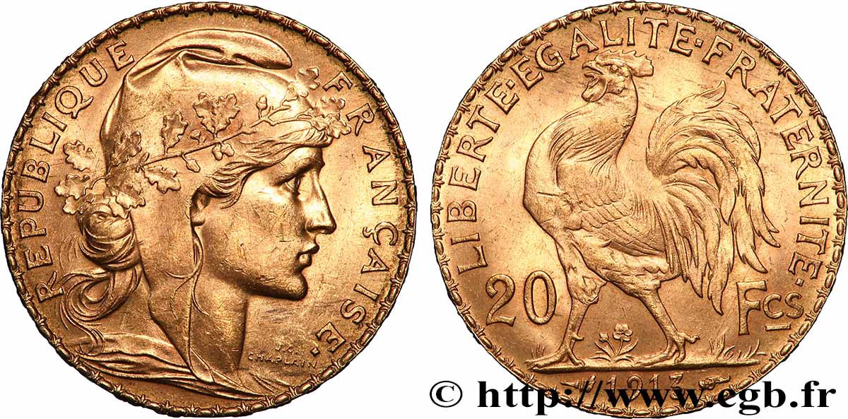 20 francs or Coq, Liberté Égalité Fraternité 1913 Paris F.535/7 XF