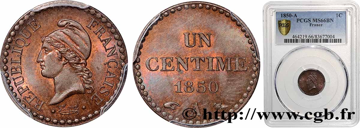 Un centime Dupré, IIe République 1850 Paris F.101/5 FDC66 PCGS